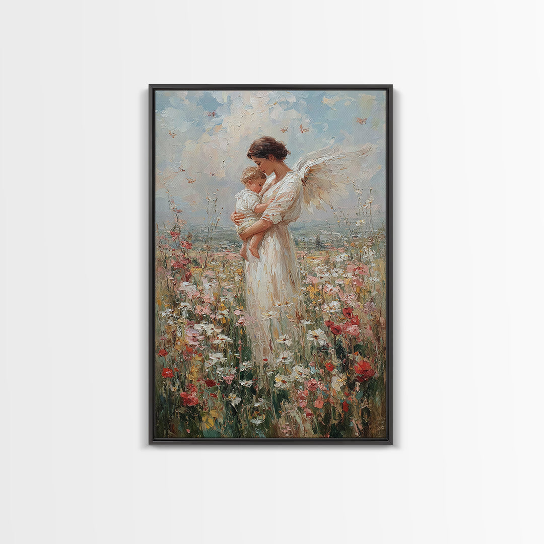 Guardian Angel Mother And Baby In Wildflower Meadow Wall Art, Spiritual Nursery Decor, Christian Gift, Fine Art Print, Home Decor