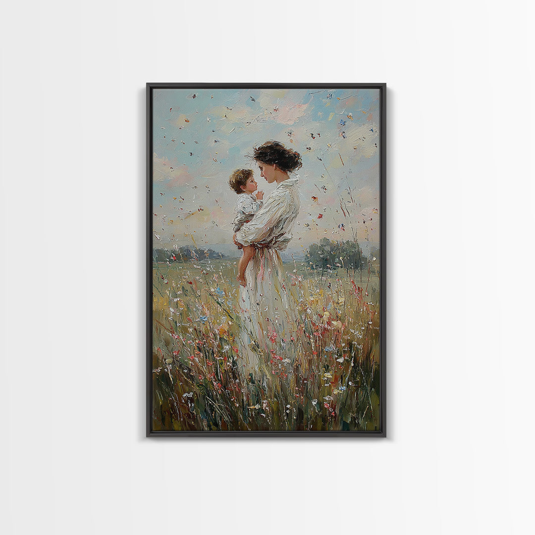 Mother And Baby In Windy Wildflower Meadow Canvas Print, Feminine Wall Art, Nursery Decor, Gift For Mom, Home Decor, Living Room Decor