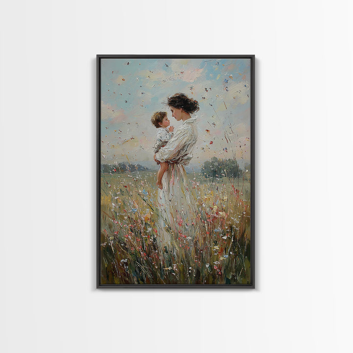 Mother And Baby In Windy Wildflower Meadow Canvas Print, Feminine Wall Art, Nursery Decor, Gift For Mom, Home Decor, Living Room Decor