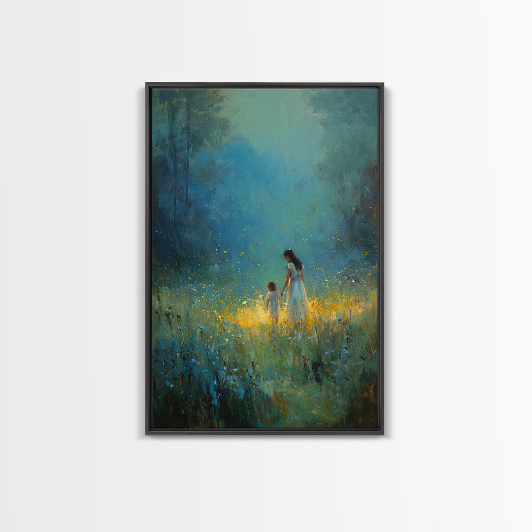 Mother And Child In Glowing Blue Forest Framed Canvas Print, Fantasy Wall Art, Nature Wall Art, Nursery Decor, Gift For Her
