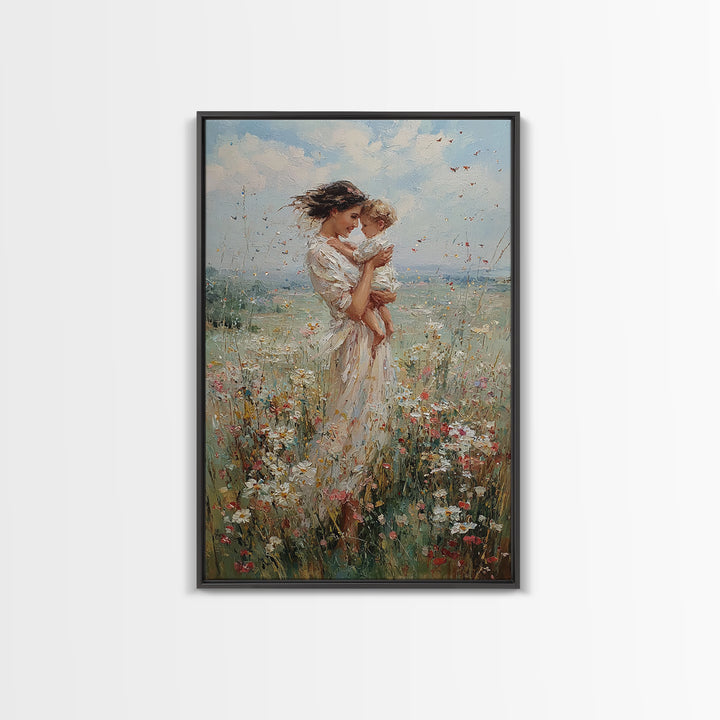 Mother Kissing Baby In Sunlit Wildflower Meadow Wall Art, Feminine Nursery Decor, Fine Art Print, Gift For Mom, Home Decor