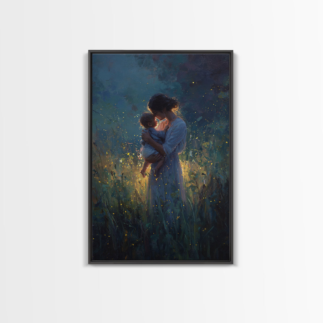 Mother And Baby With Golden Fireflies At Night Framed Canvas Print, Moody Wall Art, Spiritual Gift, Bedroom Wall Art, Nursery Decor