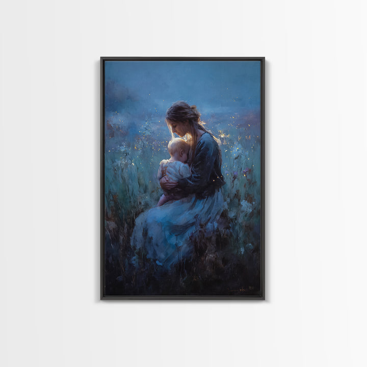 Seated Mother And Baby In Blue Twilight Meadow Wall Art, Moody Nursery Decor, Fine Art Print, Gift For Her, Home Decor, Living Room Decor