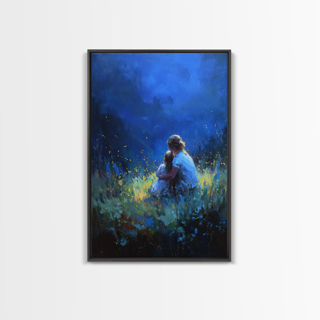 Mother And Child In Deep Blue Firefly Meadow Canvas Print, Moody Wall Art, Fantasy Decor, Nursery Wall Art, Gift For Her