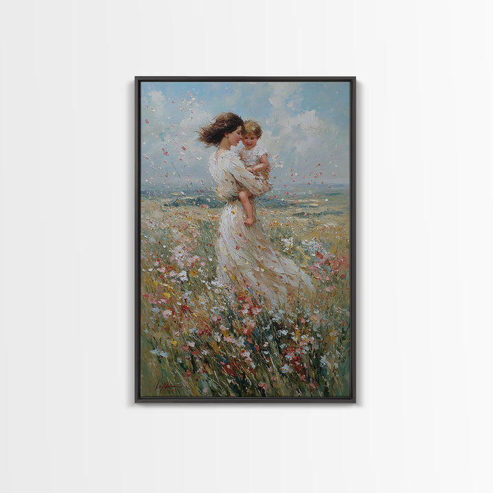 Windblown Mother And Baby In Flower Meadow Canvas Print, Feminine Wall Art, Nursery Decor, Fine Art Print, Gift For Mom, Home Decor