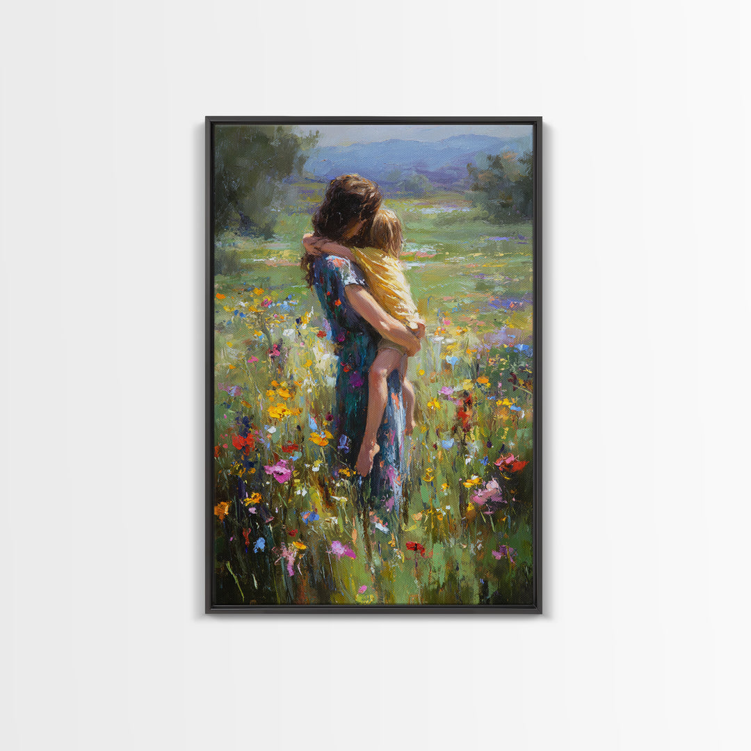 Mother Carrying Child Through Wildflower Meadow Canvas Print, Impressionist Floral Wall Decor, Nursery Art, Gift For Mom