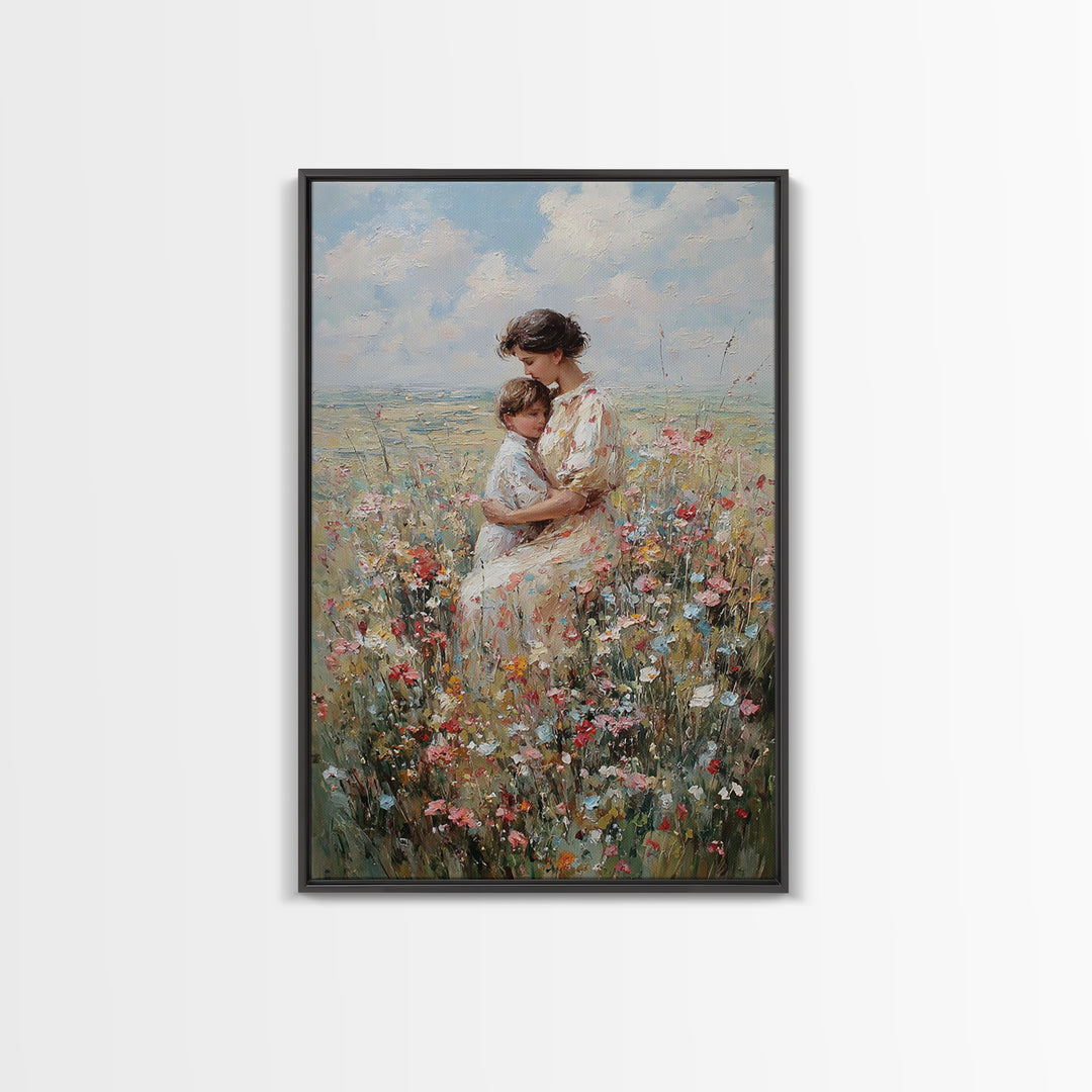 Seated Mother And Child In Coastal Wildflowers Canvas Print, Impressionist Floral Wall Art, Beach House Decor, Gift For Mom