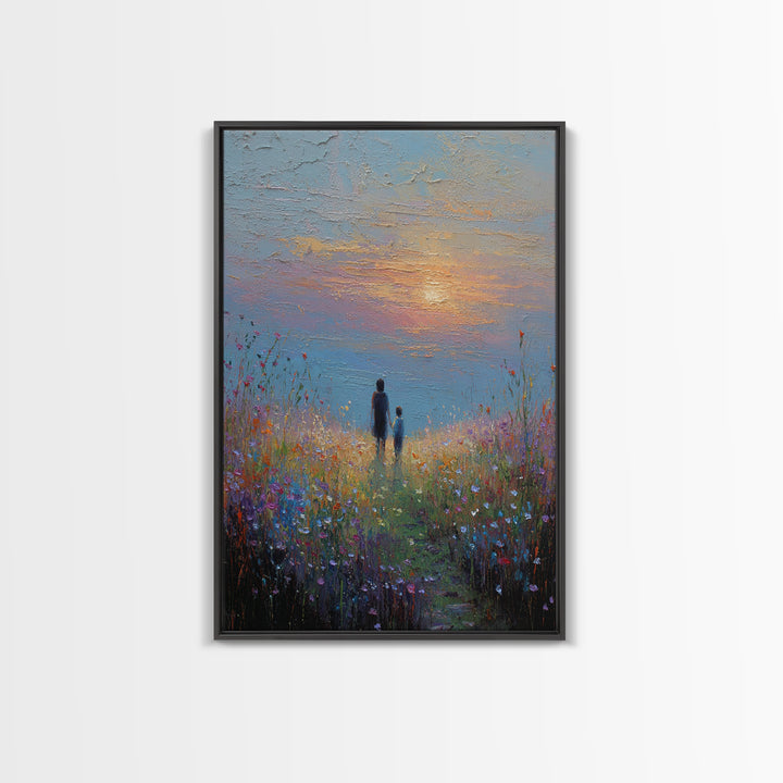 Parent And Child In Misty Wildflower Meadow Canvas Print, Textured Sunset Landscape Wall Art, Calming Living Room Decor Gift