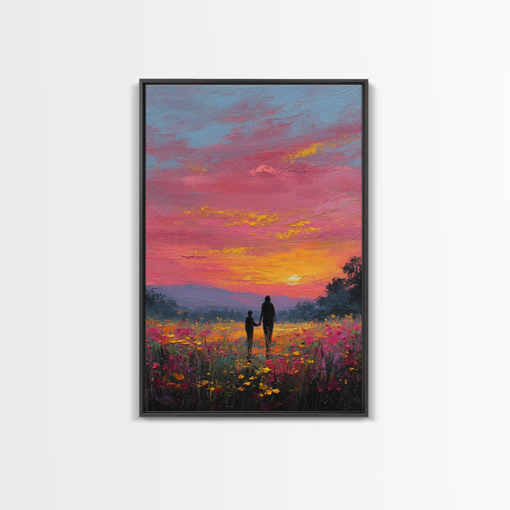 Father And Child Walking Through Pink Sunset Meadow Wall Art, Colorful Landscape Canvas Print, Family Gift, Bedroom Decor