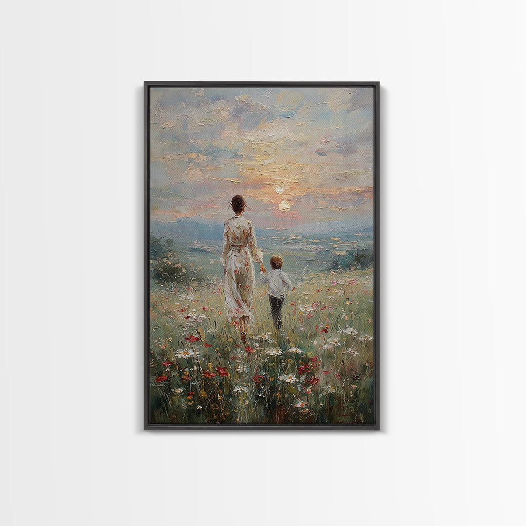 Mother And Son Walking In Wildflower Meadow Framed Canvas Print, Impressionist Sunset Wall Art, Family Gift, Warm Home Decor