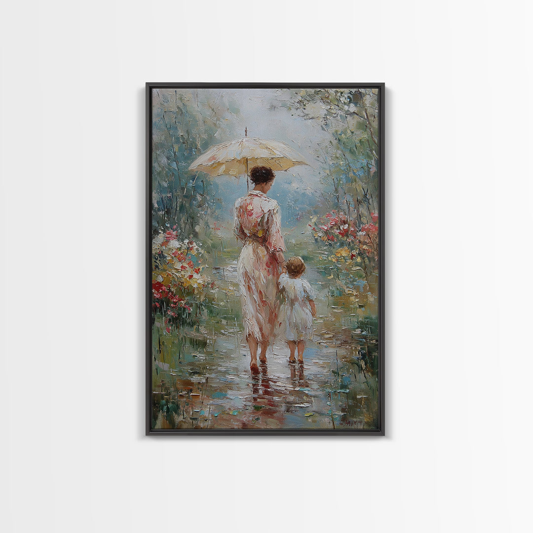 Mother And Child Under Umbrella In Rain Garden Wall Art, Impressionist Oil Painting, Nursery Decor, Gift For Mom, Living Room Decor