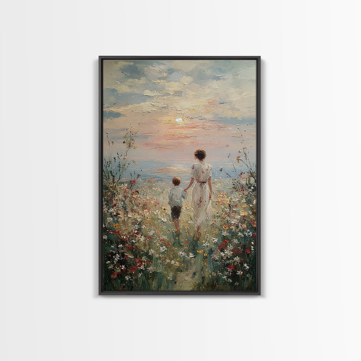 Mother And Child Sunset Seaside Wall Art, Wildflower Path Oil Painting, Coastal Decor, Gift For Mom, Living Room Art, Fine Art Print
