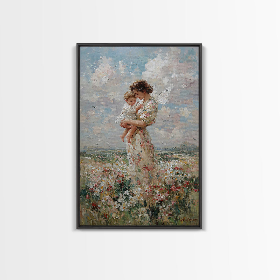 Mother Holding Baby In Daisy Meadow Wall Art, Impressionist Oil Painting, Nursery Decor, Gift For Mom, Fine Art Print, Living Room Decor