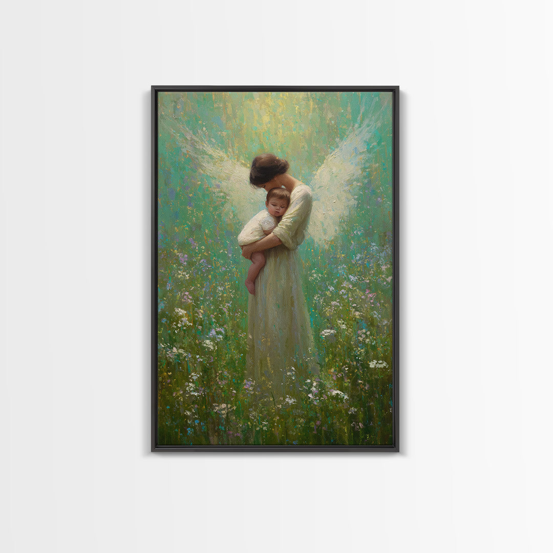 Soft Guardian Angel Holding Baby In Green Meadow Canvas Print, Spiritual Wall Art, Nursery Decor, Baby Shower Gift, Gift For Mom