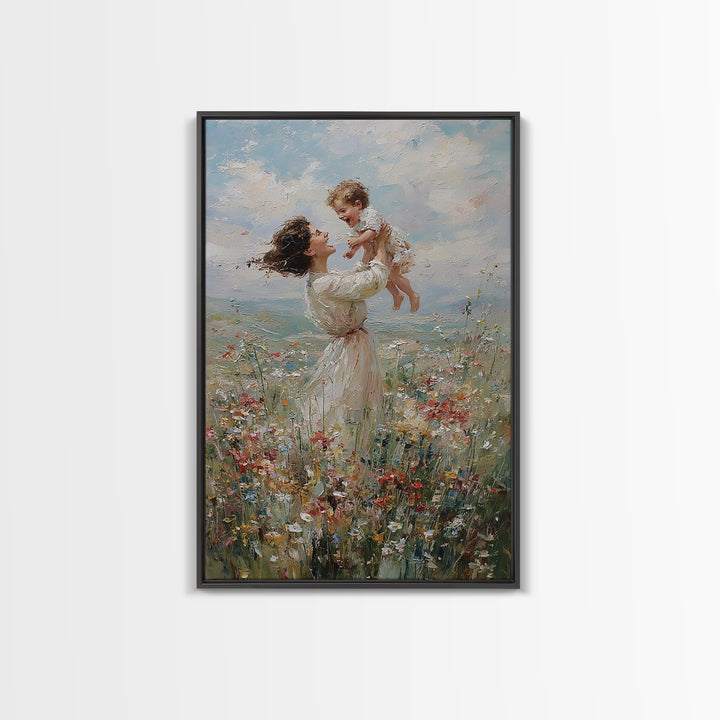 Joyful Mother Lifting Baby In Wildflower Meadow Wall Art, Impressionist Oil Painting, Nursery Decor, Gift For Mom, Living Room Art