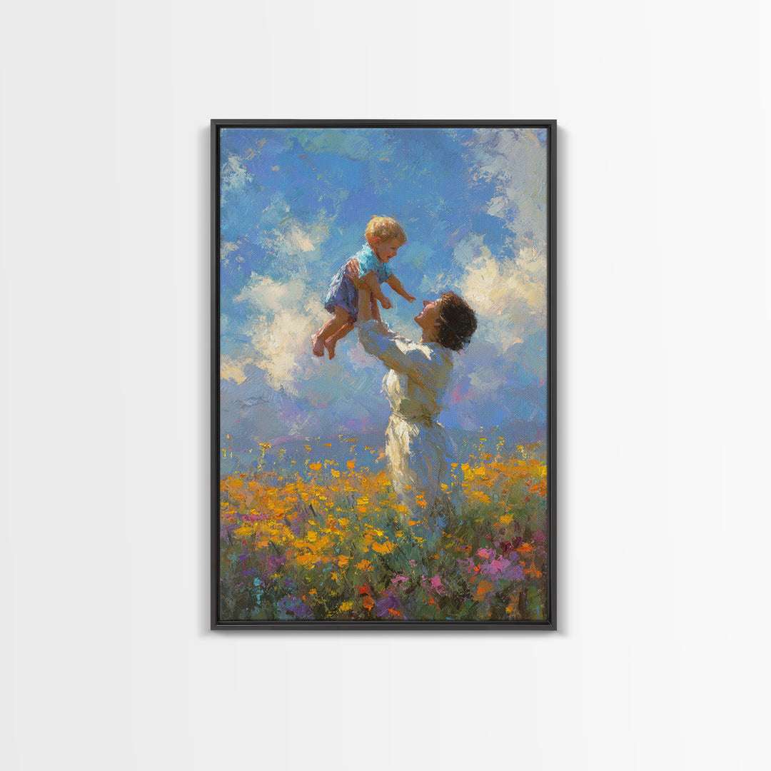 Mother Lifting Child Into Blue Sky Canvas Print, Joyful Wildflower Oil Painting, Nursery Decor, Gift For Mom, Living Room Decor