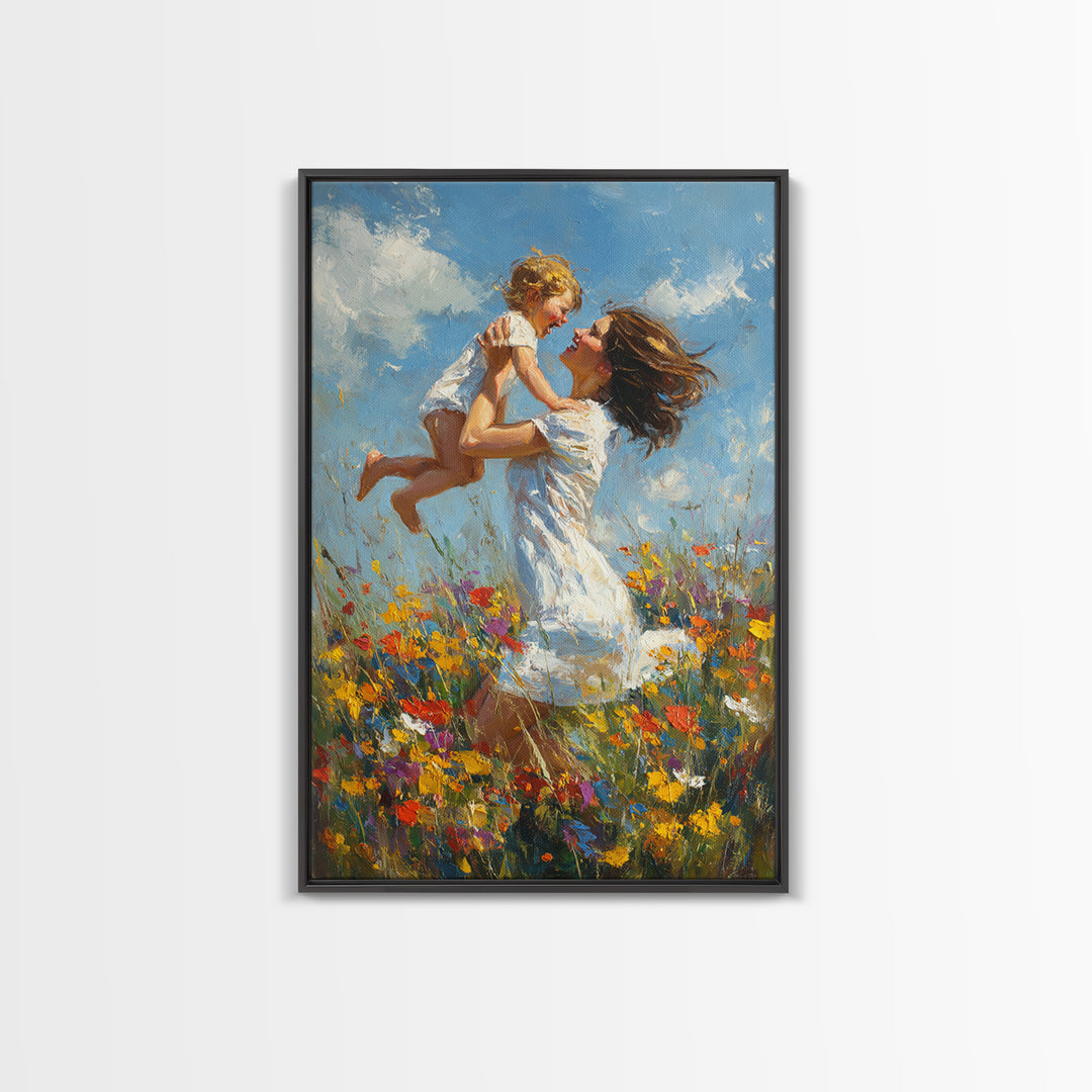 Mother And Child In Wildflower Meadow Wall Art, Impressionist Oil Painting Print, Nursery Decor, Gift For Mom, Feminine Home Decor