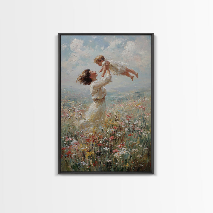 Mother Lifting Baby In Coastal Wildflowers Wall Art, Impressionist Oil Painting, Beach House Decor, Nursery Art, Gift For Her