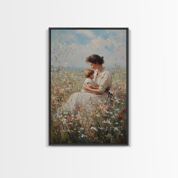Nursing Mother And Baby In Wildflower Meadow Wall Art, Impressionist Oil Painting Print, Feminine Nursery Decor, Gift For Mom