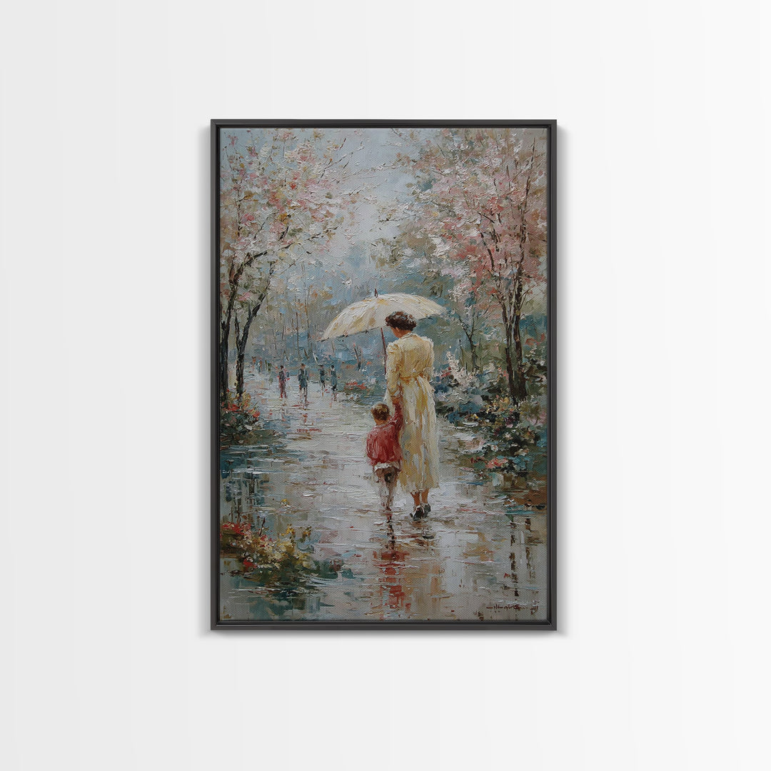 Mother And Child In Spring Rain Wall Art, Impressionist Umbrella Painting, Floral Path Canvas, Nursery And Living Room Decor