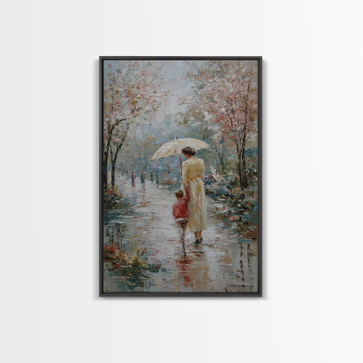 Mother And Child In Spring Rain Wall Art, Impressionist Umbrella Painting, Floral Path Canvas, Nursery And Living Room Decor