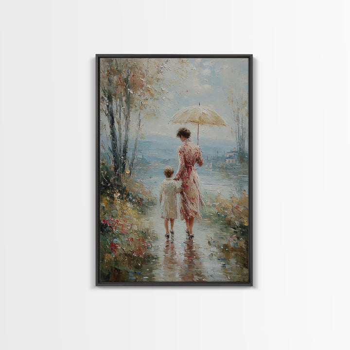 Mother And Child By Misty Lake Framed Canvas Print, Romantic Umbrella Painting, Coastal Floral Living Room Wall Decor Art