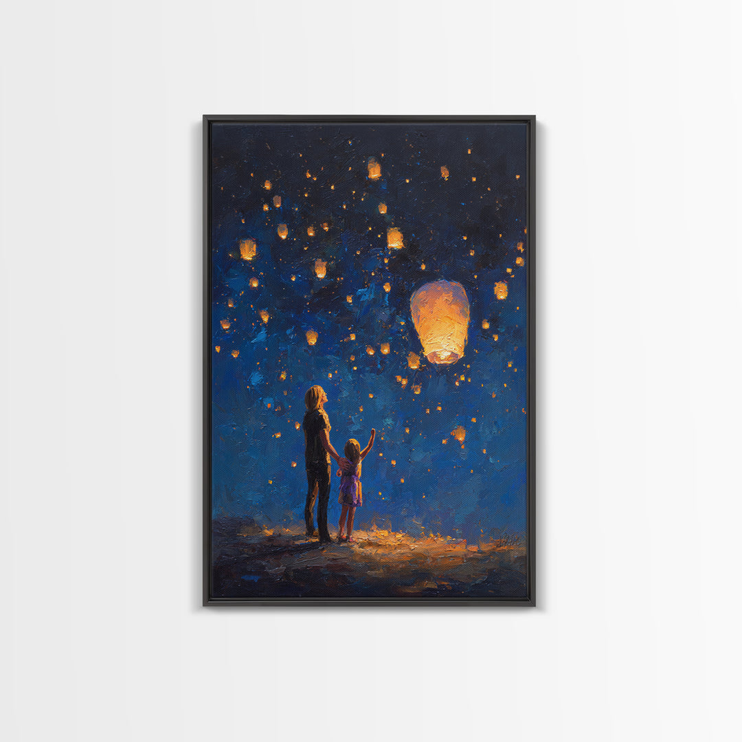 Mother And Daughter Lantern Festival Wall Art, Blue Night Celestial Canvas Print, Family Nursery Home Decor And Gift For Her