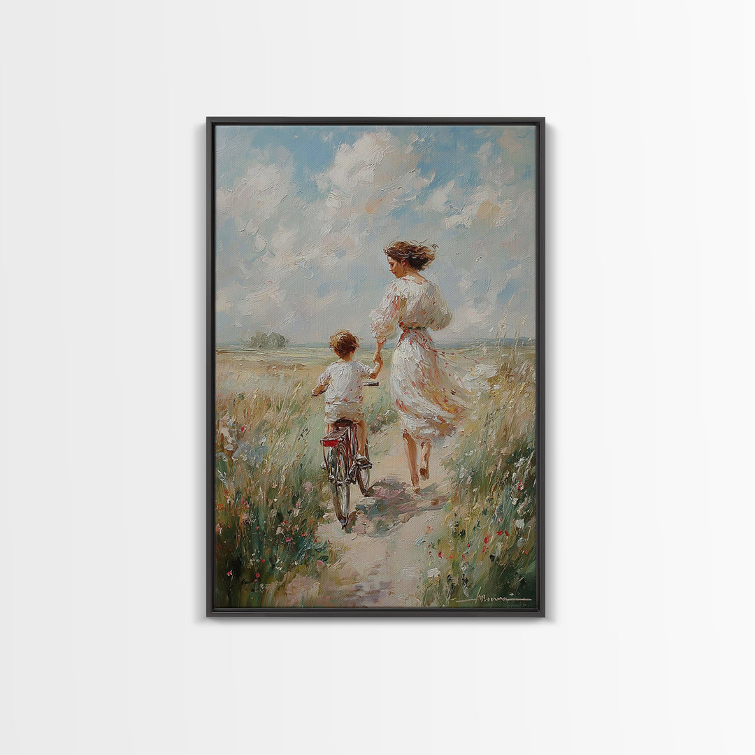 Mother In White Dress Walking With Child On Bicycle Canvas Print, Coastal Meadow Wall Art, Impressionist Family Home Decor