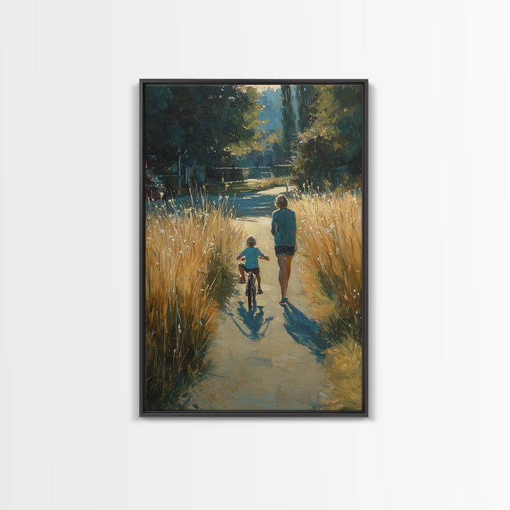 Backlit Mother And Child By Golden River Path Canvas Print, Nature Wall Art, Warm Rustic Living Room Decor, Gift For Her
