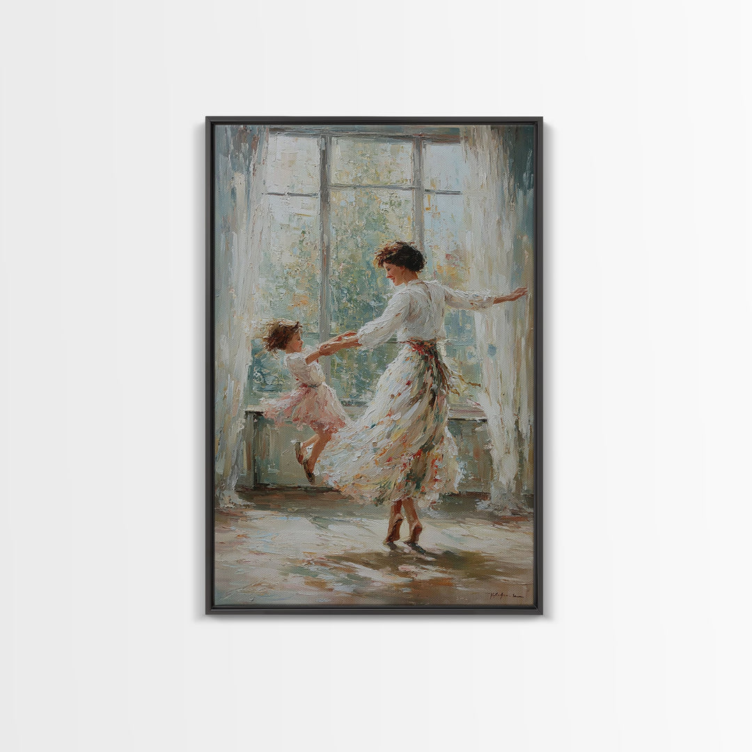 Mother And Daughter Dancing In Bright Sunlit Window Canvas Print, Impressionist Wall Art, Feminine Bedroom Decor, Gift For Mom