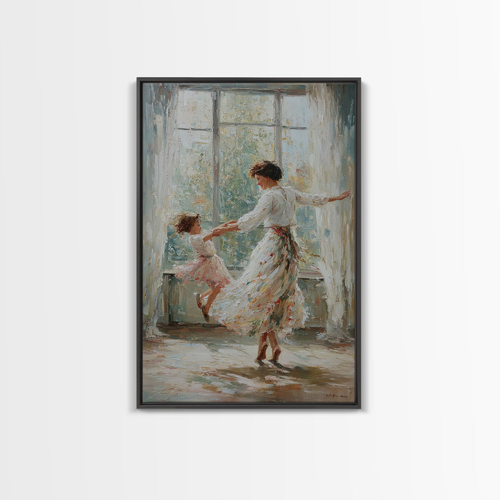 Mother And Daughter Dancing In Bright Sunlit Window Canvas Print, Impressionist Wall Art, Feminine Bedroom Decor, Gift For Mom