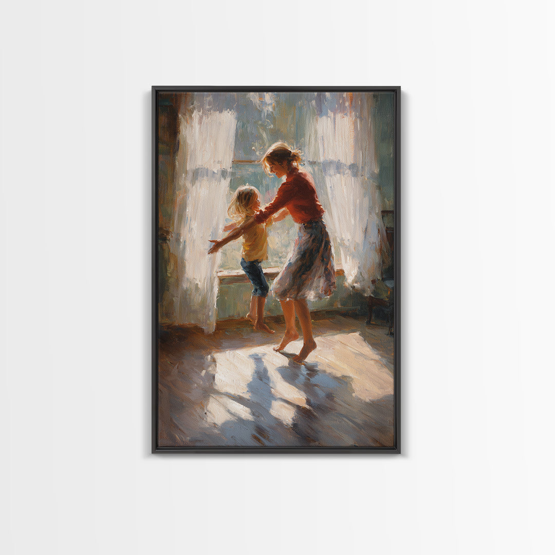 Sunlit Mother And Child Dancing By Lace Curtains Canvas Print, Impressionist Wall Art, Cozy Family Home Decor, Gift For Mom