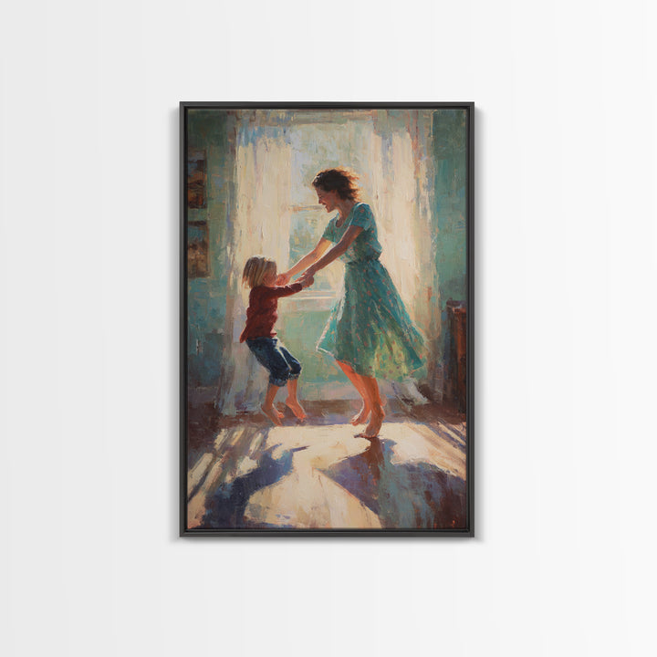 Mother And Child Dancing In Teal Dress Sunlight Canvas Print, Warm Impressionist Family Wall Art, Cozy Bedroom Decor, Gift For Her