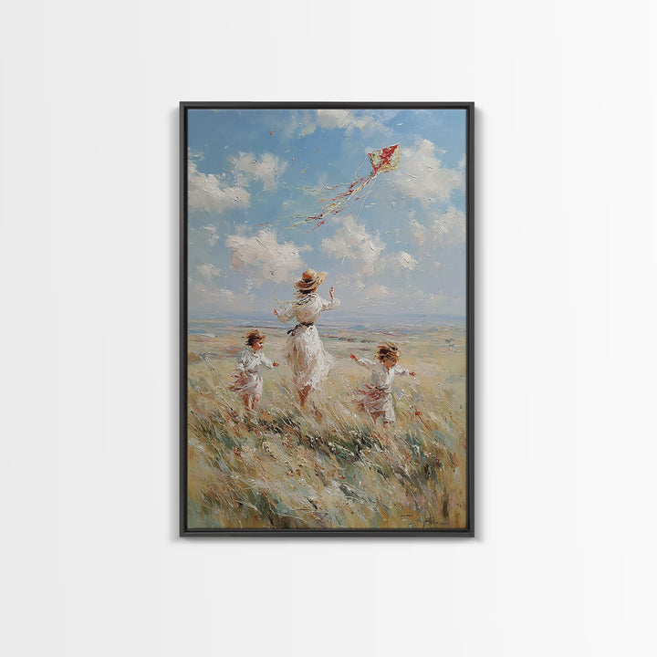 Mother And Children Flying Red Kite In Coastal Meadow Canvas Print, Whimsical Family Wall Art, Beach House Decor Gift For Her