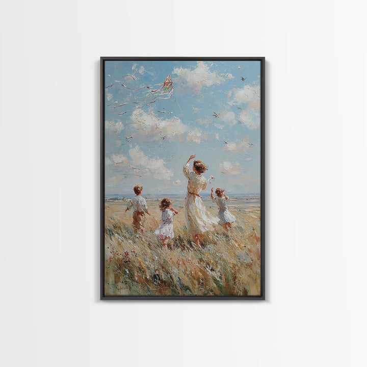 Mother And Children Flying Kite By Sea Canvas Print, Coastal Wall Art, Beach House Decor, Family Gift, Living Room Decor