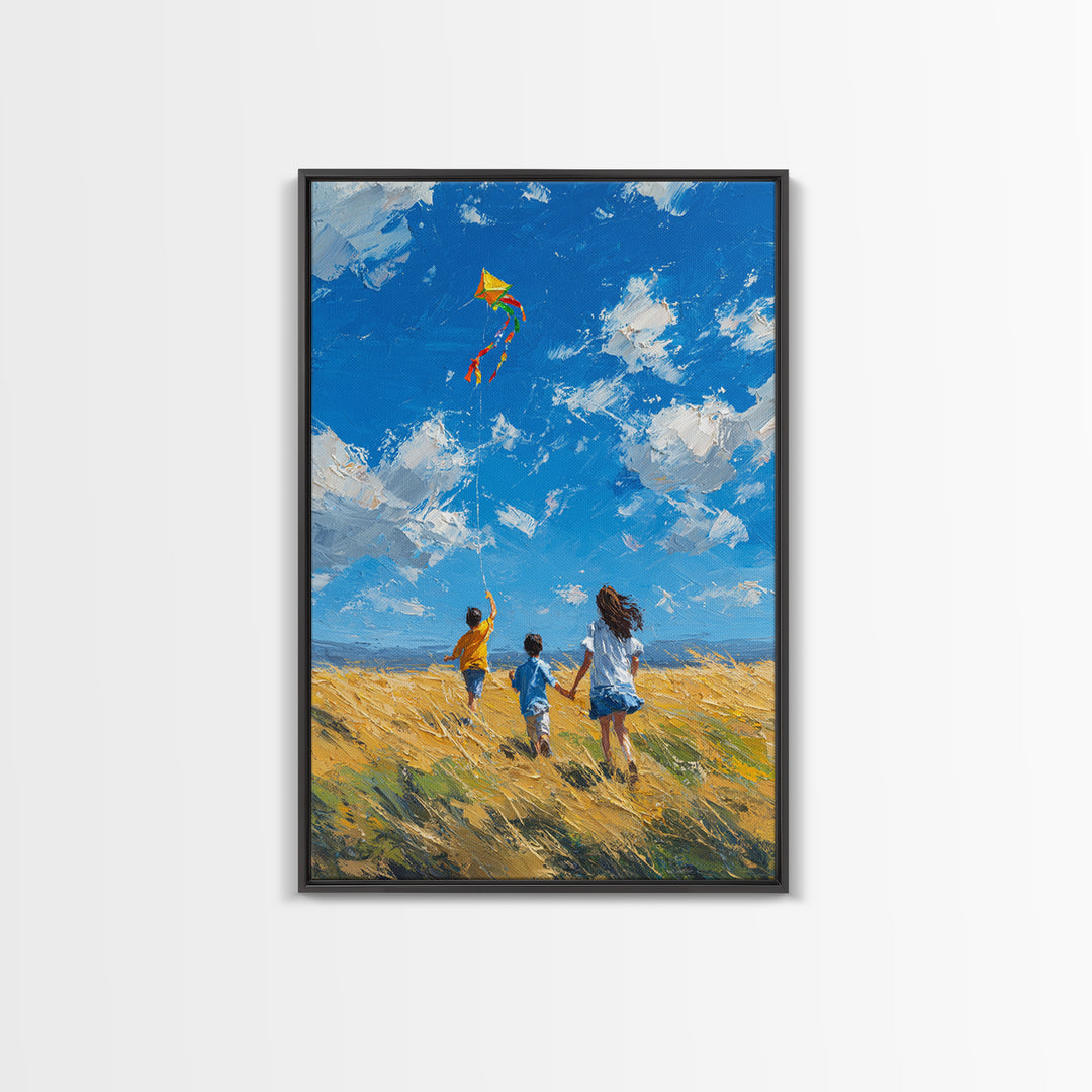 Children Chasing Bright Kite In Golden Field Framed Canvas Print, Colorful Wall Art, Summer Landscape, Kids Room Decor Gift
