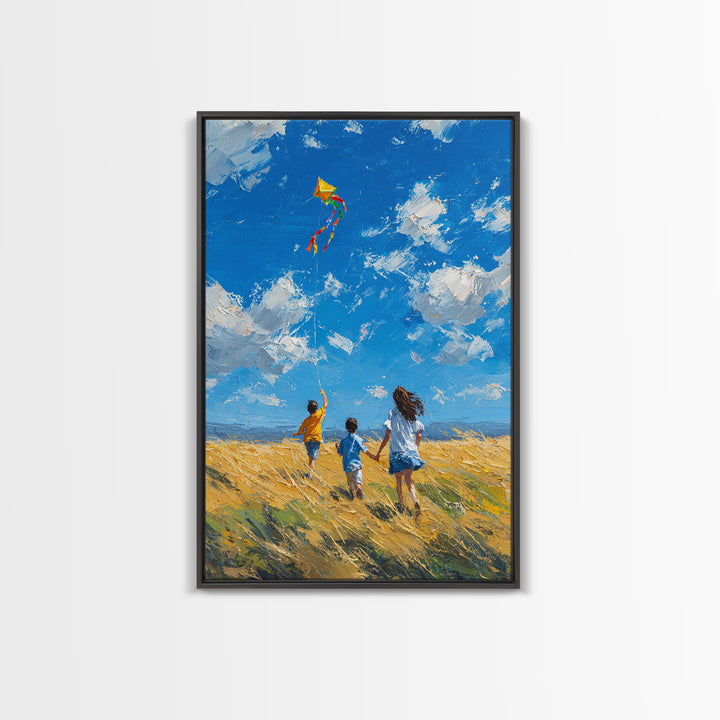 Children Chasing Bright Kite In Golden Field Framed Canvas Print, Colorful Wall Art, Summer Landscape, Kids Room Decor Gift