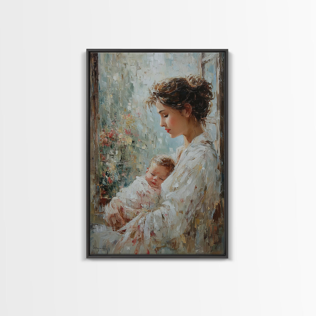 Mother Holding Sleeping Baby By Rainy Window Canvas Print, Feminine Wall Art, Nursery Decor, Gift For Mom, Bedroom Decor