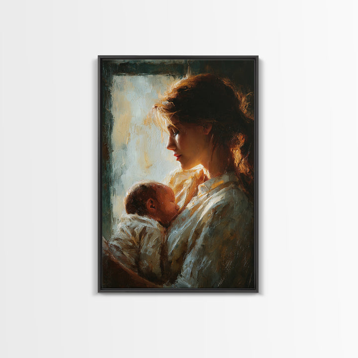 Backlit Mother Cradling Newborn By Window Framed Canvas Print, Romantic Wall Art, New Mom Gift, Moody Bedroom Decor Print
