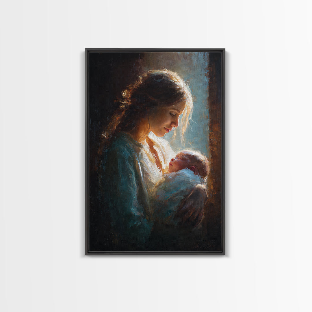 Radiant Mother Gazing At Newborn In Shadow Canvas Print, Moody Wall Art, Spiritual Gift, Nursery Decor, New Mom Gift Print