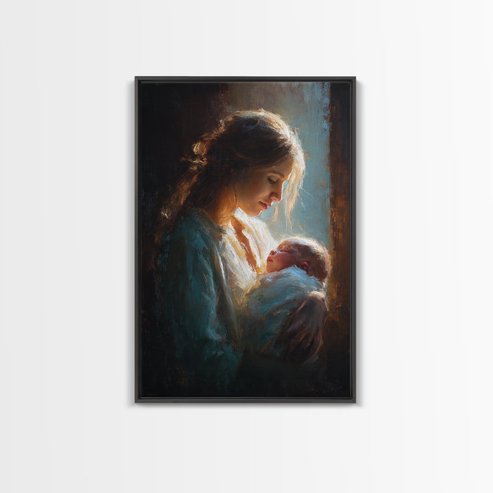Radiant Mother Gazing At Newborn In Shadow Canvas Print, Moody Wall Art, Spiritual Gift, Nursery Decor, New Mom Gift Print