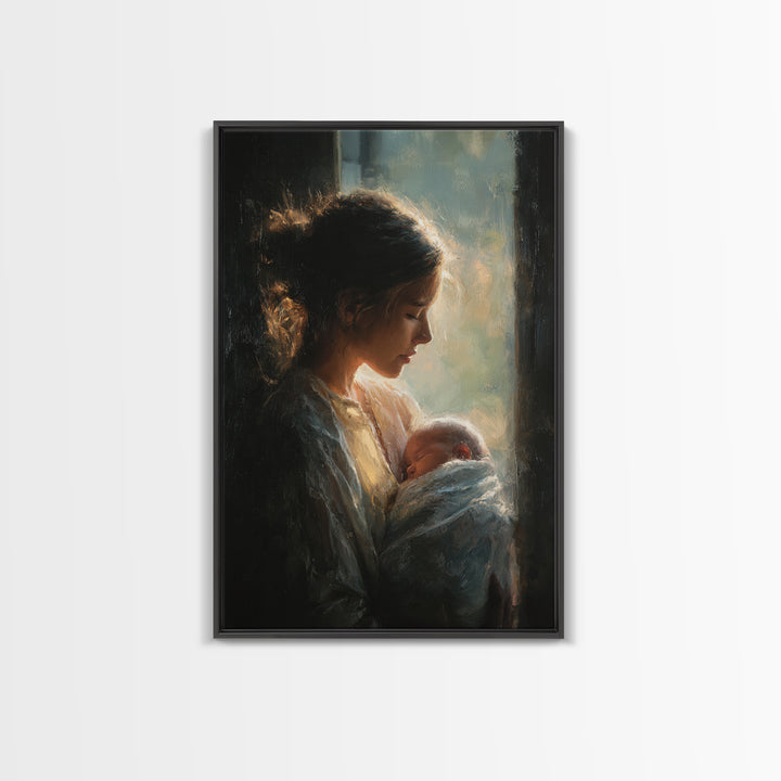 Soft Profile Mother With Sleeping Baby In Window Light Canvas Print, Moody Wall Art, New Mom Gift, Feminine Bedroom Decor