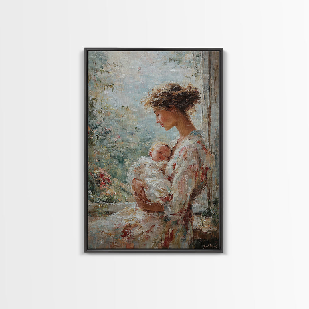 Mother Cradling Newborn Beside Blooming Window Framed Canvas Print, Feminine Wall Art, Nursery Decor, New Mom Gift, Bedroom Decor