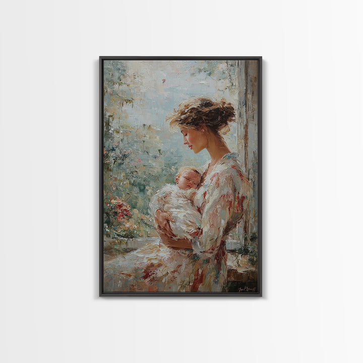 Mother Cradling Newborn Beside Blooming Window Framed Canvas Print, Feminine Wall Art, Nursery Decor, New Mom Gift, Bedroom Decor