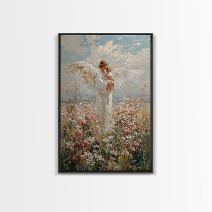 Guardian Angel Holding Baby In Wildflower Meadow Wall Art, Christian Nursery Decor, Motherhood Gift, Framed Fine Art Print
