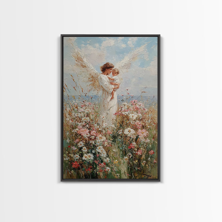 Angel Mother Holding Toddler Among Daisies Canvas Print, Christian Wall Art, Floral Nursery Decor, Gift For Mom, Home Decor