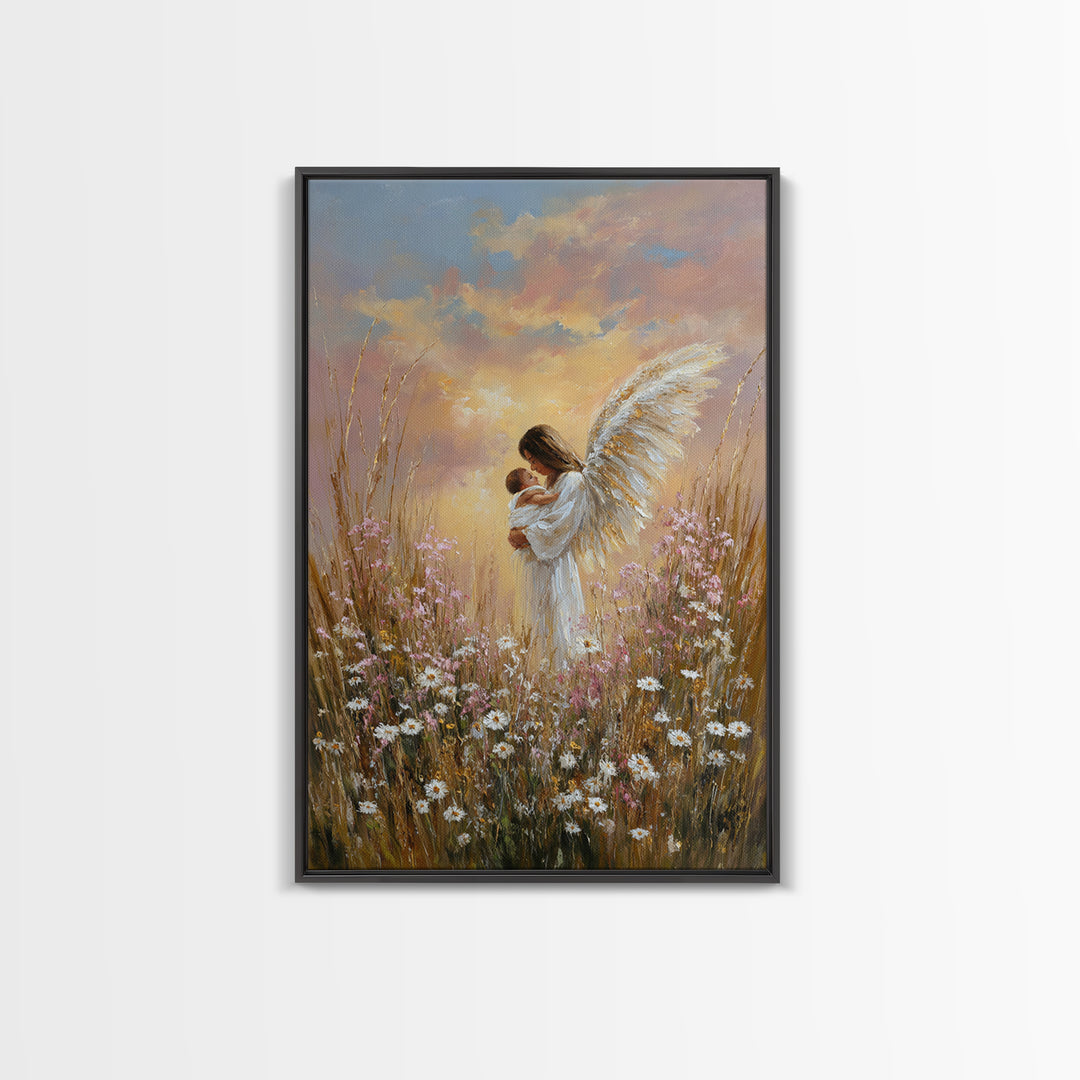 Angel Mother And Baby In Sunset Wildflowers Framed Canvas Print, Christian Wall Art, Nursery Decor, Motherhood Gift, Home Decor