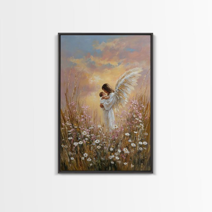 Angel Mother And Baby In Sunset Wildflowers Framed Canvas Print, Christian Wall Art, Nursery Decor, Motherhood Gift, Home Decor