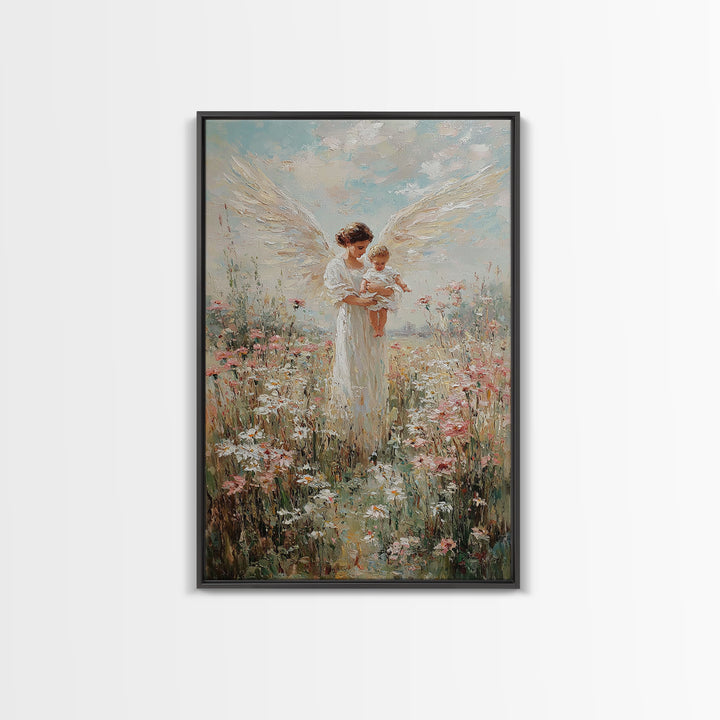 White Winged Angel Holding Baby In Flower Garden Canvas Print, Christian Nursery Wall Art, Floral Home Decor, Gift For Mom