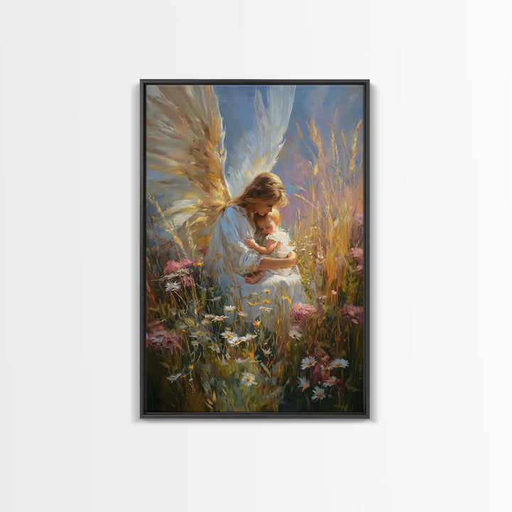 Glowing Angel Mother Nursing Baby In Wild Meadow Wall Art, Christian Canvas Print, Spiritual Nursery Decor, Gift For Her